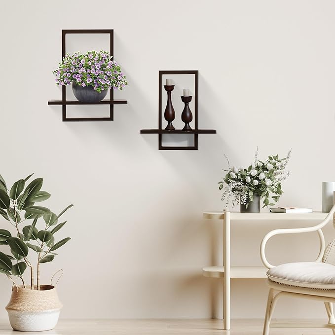 PHOENANCEE Square Floating Shelves,Wall Plants Holder,Bathroom Wall Decor,Framed Decorative Shelf Black,Modern Chic Set of 2 for Living Room Bedroom Home Office,Soild Wood,L+S(Walnut