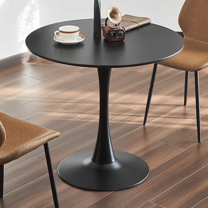 Round Dining Table, 31.5" Circle Tulip Table with Thickened Tabletop & Metal Pedestal, Mid Century Modern Bistro Table for Kitchen, Small Places, Living Room, Cafe (Black)