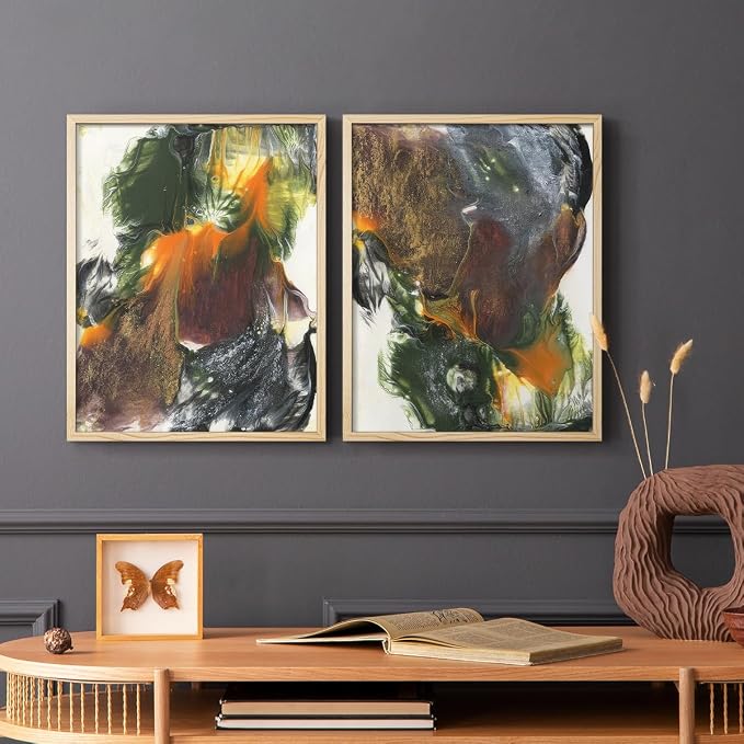 Renditions Gallery Set of 2 Peel & Stick Framed Prints, Watercolor Abstract Wall Art, Colorful Fluid Design Wall Decor, Re-Stickable - Ready to Hang - 8"x10" - NATURAL WOOD Frame LT588
