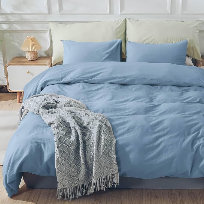 NEXHOME PRO Duvet Cover Set King Size 100% Washed Cotton Linen Look Textured Organic Natural 3 Pieces Bedding Set with Zipper Closure and Corner Ties, Breathable, Soft (Blue, No Comforter)