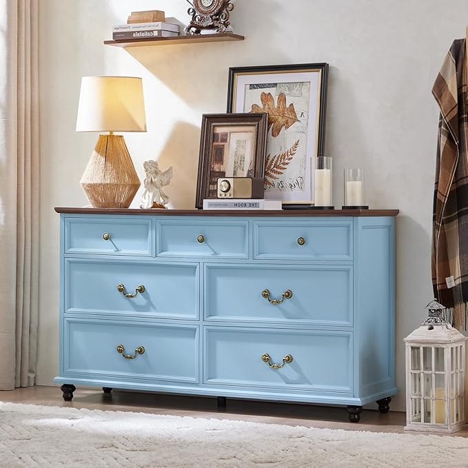 Farmhouse 7 Drawers Dresser Sets of 2 for Bedroom, Light Blue 54 Inch Wide Chest of Drawers w/ 4 Wooden Legs, Large Vintage Rustic Closet Dressers for Living Room, Wood TV Stand