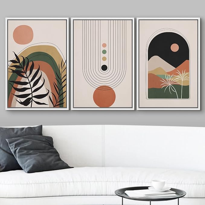 wall26 Framed Canvas Print Wall Art Set Boho Mid-Century Geometric Desert Plant Landscape Nature Abstract Illustrations Modern Bohemian Decorative for Living Room, Bedroom, Office - 16"x24"x3 White