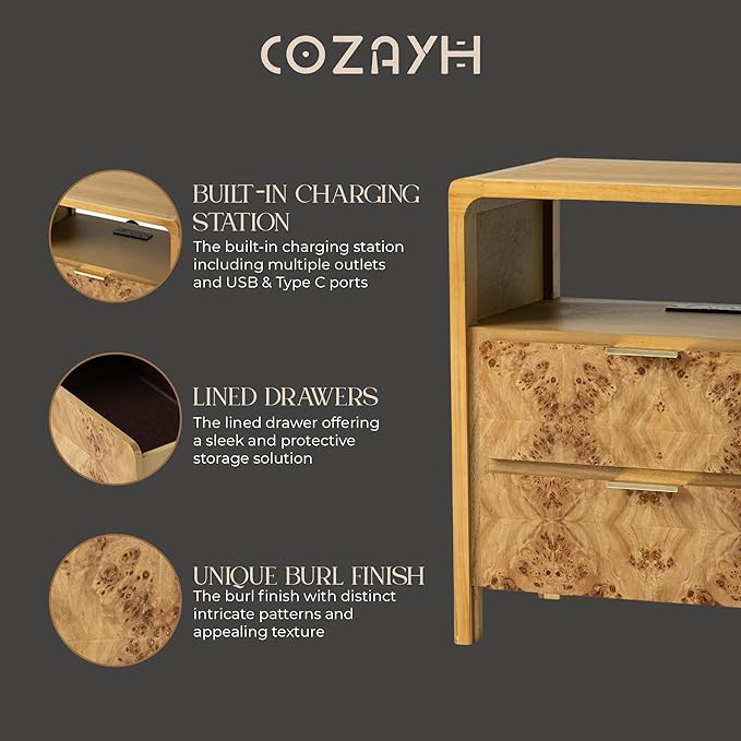 COZAYH Farmhouse Nightstand with Charging Station, Side Table with Power Outlet and USB & Type C Ports, Wood Bedside Table for Bedroom, Fully Assembled, Rustic, Natural, Burl