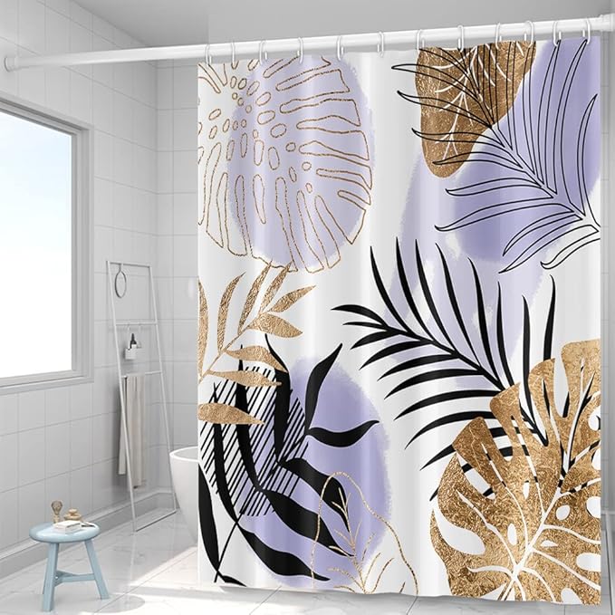Purple Boho Chic Shower Curtain 60Wx72H Mid Century Geometric Black Golden Abstract Leaves Minimalist Aesthetic Modern Art Fabric Waterproof Home Bathroom Decor 12 Plastic Hooks