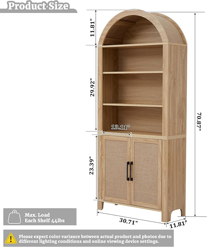 Janmer Home 71" Tall Arched Bookcase with Storage, Modern 6-Tier Cabinet with Door, Arched Bookshelf Cabinet with Open Display Storage Shelf for Living Room (Natural, 71inch 2pcs-Doors)