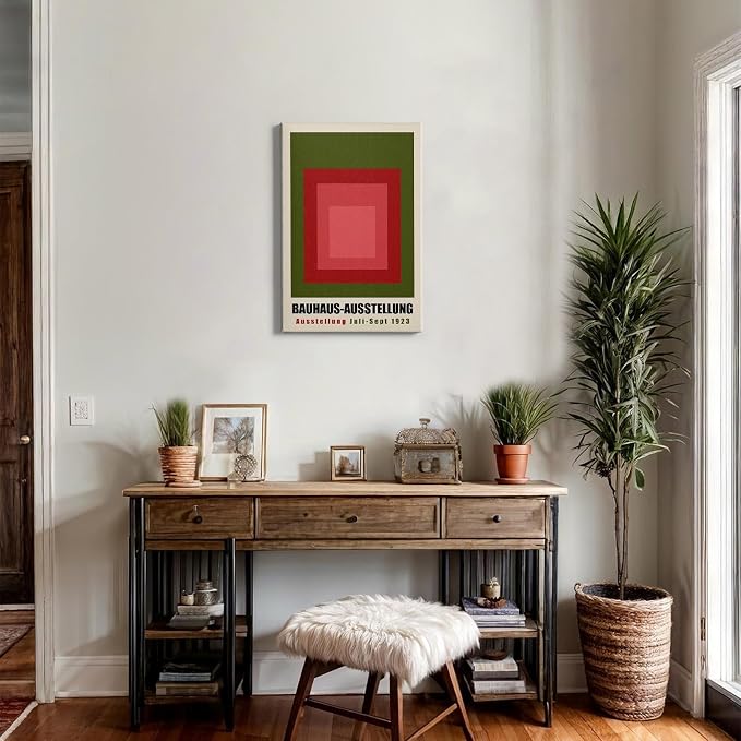 Green Bauhaus Wall Art Color Block Artwork Abstract Geometric Prints Boho Geometric Wall Art Bauhaus Exhibition 1923 Poster Mid Century Modern Painting Red and Green Picture 16x24inch Wood Framed