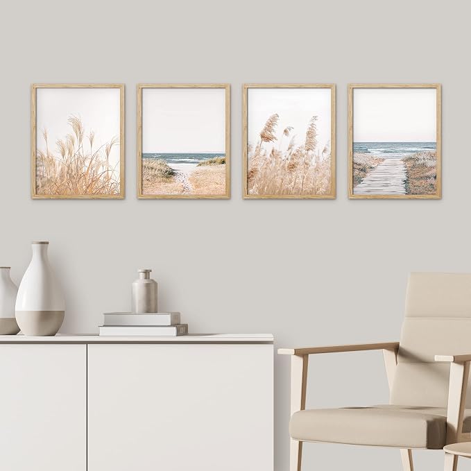 SIGNWIN Framed White Pampas Grass Beach Ocean Shore Horizon Wall Art, Set of 4 Landscape Colorful Wall Decor Prints, Nature Wilderness Wall Décor for Living Room, Bedroom - 12"x16" Natural