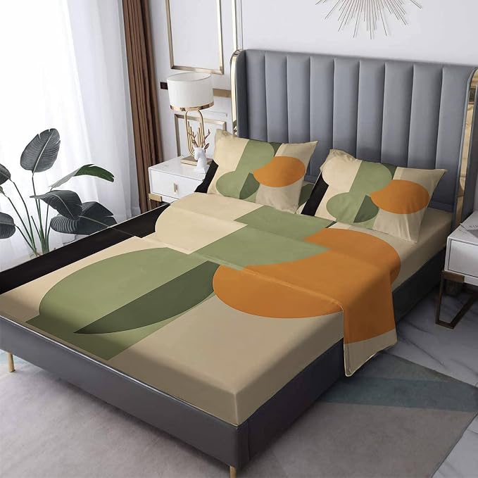 Mid Century Modern Sheets Twin Size, Neutral Geometric Bed Sheet Set, Olive Green Orange Bedding Sheet Sets 3 Piece, Soft Microfiber Deep Pocket Fitted Sheet & Flat Sheet & 1 Pillowcase