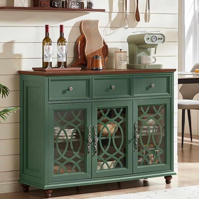 Farmhouse Sideboard Buffet Cabinet Set of 2 with Storage,48" Large Credenza with 3 Glass Doors & 3 Drawers,Adjustable Shelves Console Table,Wood Kitchen Coffee Bar for Dining Room,Green