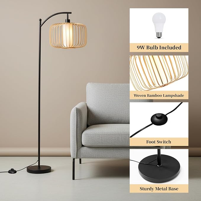 LALISU Floor Lamp for Living Room, Dimmable Standing Lamp Tall with Linen Shade Modern Floor Lamps Pull Chain Switch Reading Lamp for Living Room Bedroom Office Dining Room, 9W Bulb Included (Brown)