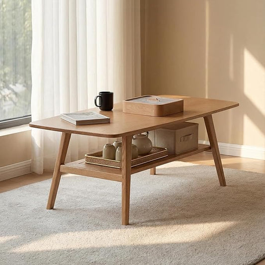 Mid Century Modern Coffee Table: 100% Solid Wood Coffee Table - 2-Tier Storage Design - Practical Coffee Tables for Living Room, Apartment, Easy Assembly (Natural, 47.24")