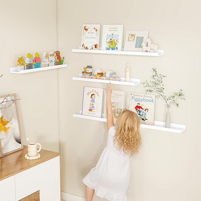 Fun Memories Picture Ledge Shelf, White Floating Shelves Set of 4, 24 Inch Picture Shelves for Wall with Ledge, Large Nursery Book Shelf for Toys Storage, Living Room, Bedroom Decor Frames