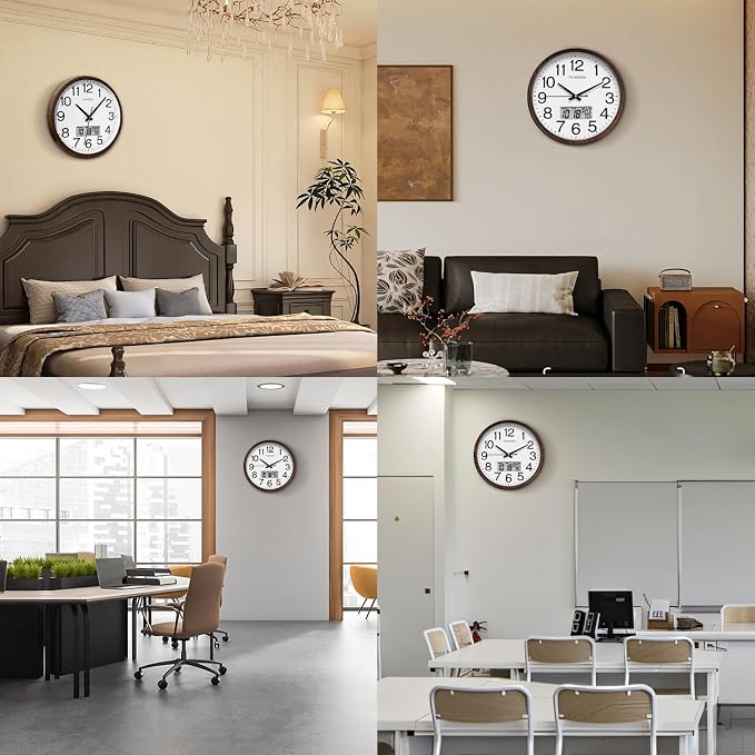 TIMESS Wall Clock, Classic Wood Style Finish, 13 Inch Non-Ticking Silent Battery Operated Quartz Analog with Perpetual Calendar and F° Temperature Display, Home, Office Décor (Chestnut Brown)