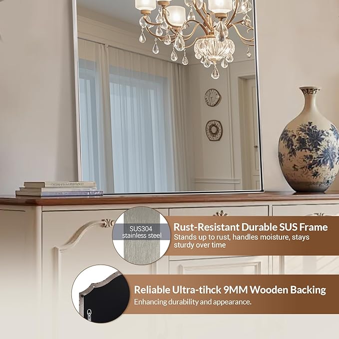 ANDY STAR Arched Mirror, 20 x 28 Inch Brushed Nickel Wall Mirror in Stainless Steel Metal Frame, Arch Top Rounded Corner 1 Inch Deep Set Design Wall Mount Hangs Vertical
