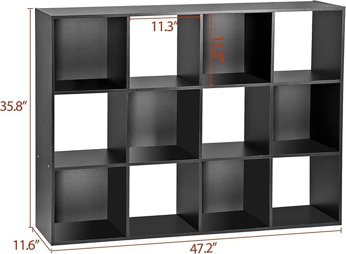 12 Cube Storage Organizer, Storage Shelf Organizer Bookshelf with Open Back, Open Shelf Bookcase, Wood Cubby Closet Cabinet Display Unit with 6 Removable Back Panels for Living Room Bedroom, Black