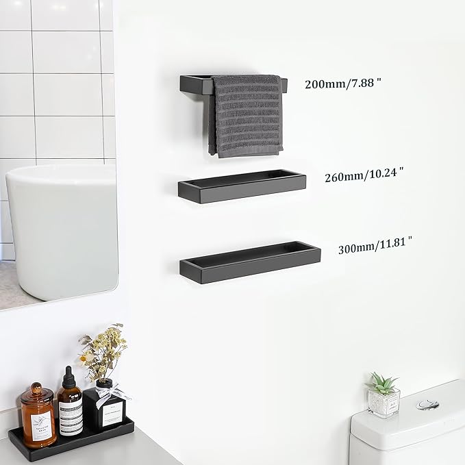 Sayayo Mate Black Towel Bar for Bathroom Wall, 8 Inch Hand Towel Holder, Screw or Self Adhesive Towel Ring Square SUS304 Stainless Steel, 3.2 Inch Wider Design