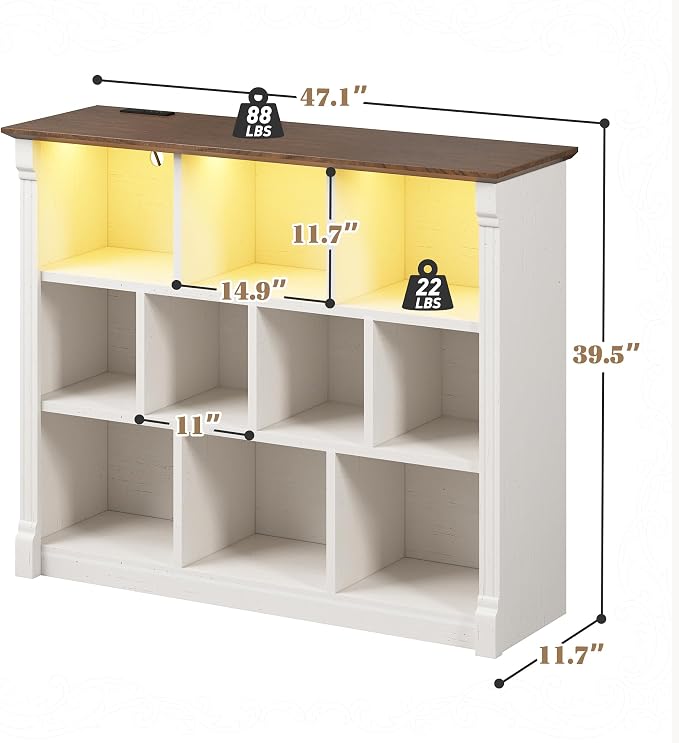 EnHomee 10 Cube Storage Organizer, Bookshelf with LED Light and Charging Station, 3 Tier Display Shelf,Stprage Bookcase for Living Room, Home Office, Warm White