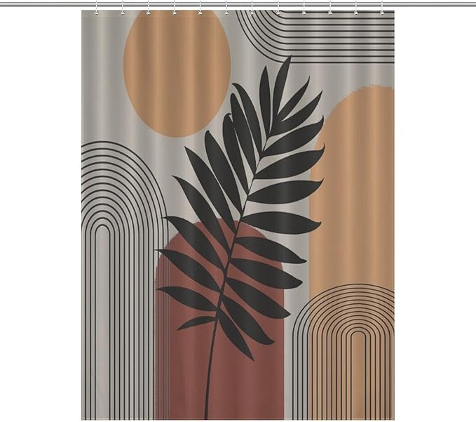 Boho Mid Century Shower Curtain, Sun Brown Leaves Rainbow Color Blocks Modern Artistic Waterproof Shower Curtains for Bathroom Decor 12 Pack Hooks 55x72in（140x183cm）