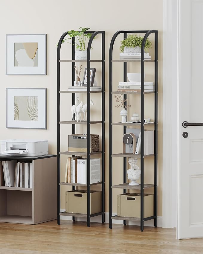 Hzuaneri Bookshelf Bookcase Narrow Bookcase Shelf Organizer with Steel Frame for Study Living Room Bedroom Kitchen Home Office Industrial Bookshelf 6-Tier Greige BC56005B