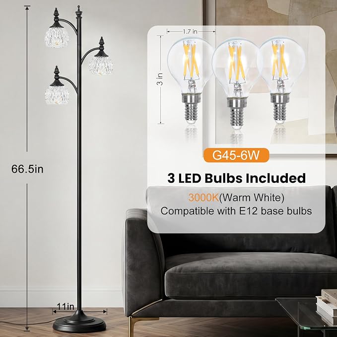 JUNNAI Black Flower Floor Lamp,Tall Standing Lamp Dimmable Tree Floor Lamps with 3 Lights Glass Shade 66.5in Modern Corner Lamp for Living Room Bedroom Office(3LED Bulbs