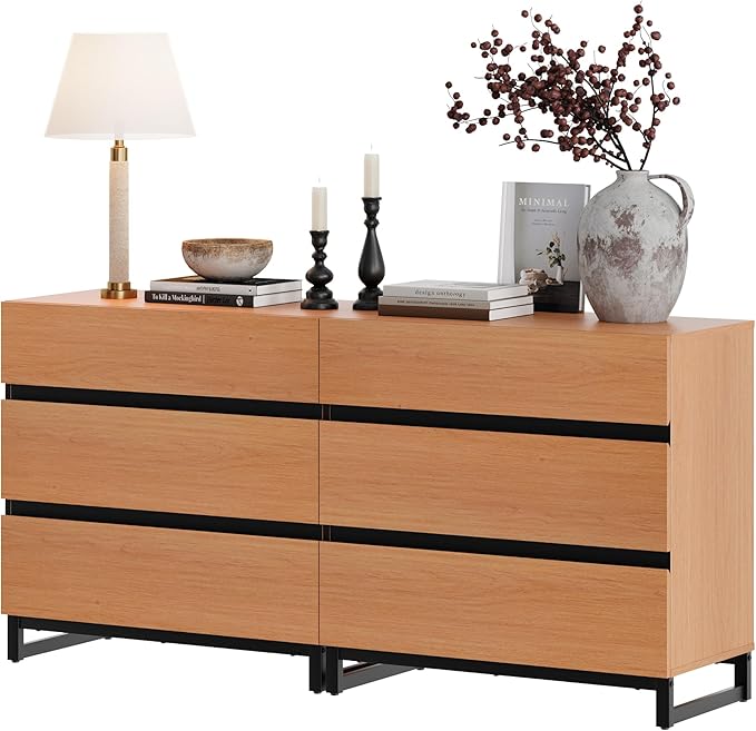 WAMPAT Dresser for Bedroom, Closet Organizers and Storage with 6 Drawers, Chest of Drawers with Metal Base, Modern Wood Dresser for Living Room, Bedroom, Mocha