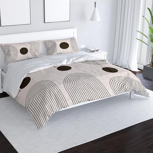Boho Mid Century Modern Duvet Cover Set Black Beige Include 1 Duvet Cover 2 Pillowcases Abstract Geometric Sun Circles Bedding Set Boho Comforter Cover Microfiber Soft Bedding Sets 68"x88"