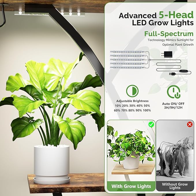 VINGLI Plant Stand Indoor with Grow Light, 61 Inch Tall Lighted Plant Shelf Indoor with 5 LED Light Strips, 10-Tiered Plant Stand for Indoor Growing, Tree-Shaped Large Metal Flower Shelves, Modern Decorative Plant Rack for Living Room, Balcony, Black