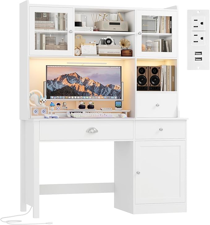 FACBOTALL Computer Desk with Hutch and RGB Lights, 65" Office Desk with Power Outlet, Makeup Vanity with 3 Doors & 3 Drawers, Executive Desks for Home, Work and Study, White