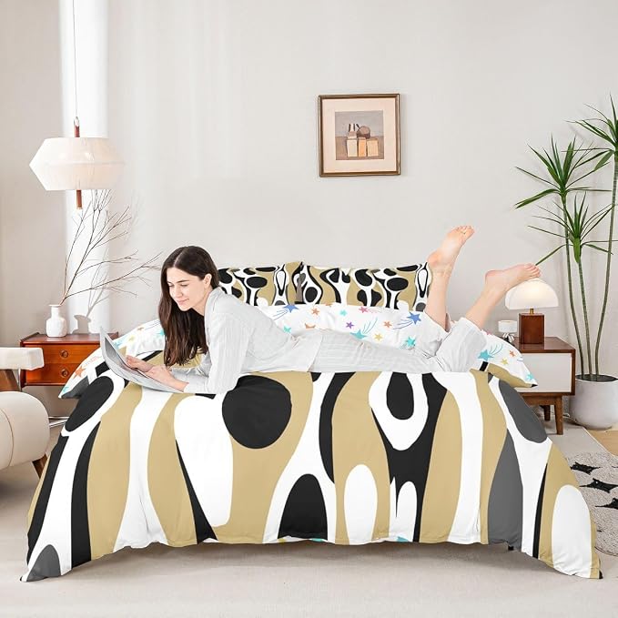 Erosebridal Organic Geometric Duvet Cover Set Modern Abstract Queen Bedding Set for Teen Boys Retro Mid Century Comforter Cover Modern Fluid Art Irregular Circles Bed Sets,Beige Black