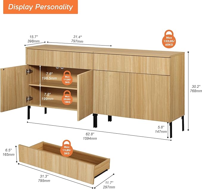 WAMPAT 63" W Large Sideboard Buffet Cabinet with Storage, 2 in 1 Fluted Sideboard Buffet with 4 Doors, Wooden Buffet Table, Coffee Bar Wine Bar Cabinet for Kitchen, Dining Room, Living Room, Oak