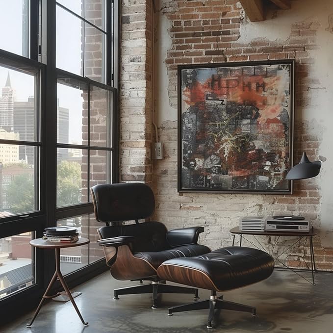 Mid Century Chaise Lounge Chair with Ottoman, Top Black Grain Leather, Modern Office Chair Classic Design, Heavy Duty Base Support for Living Room Study Lounge Office