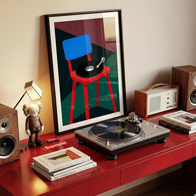 Framed Abstract Music-Inspired Wall Art for Living Room, 12x16 Inch Modern Chair and Vinyl Print, Minimalist Geometric Artwork with Matte Black Metal Frame, Bedroom Office Decor