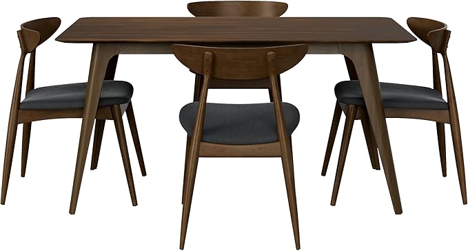 Mid-Century Modern Rectangular Dining Table with 4 Chairs, Solid Rubberwood Frame, Charcoal and Walnut Finish, Fabric Seats with Polyurethane Foam Filler, 4-Leg Base