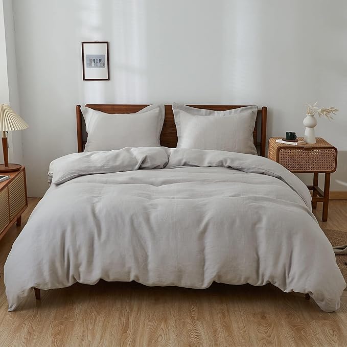 Simple&Opulence 100% Linen Duvet Cover Set, 3 PCS Natural French Flax Light Grey Duvet Cover King Size, Breathable Soft Comfy Linen Bedding Comforter Cover with 2 Pillowcases(Light Grey, 104" x 92")