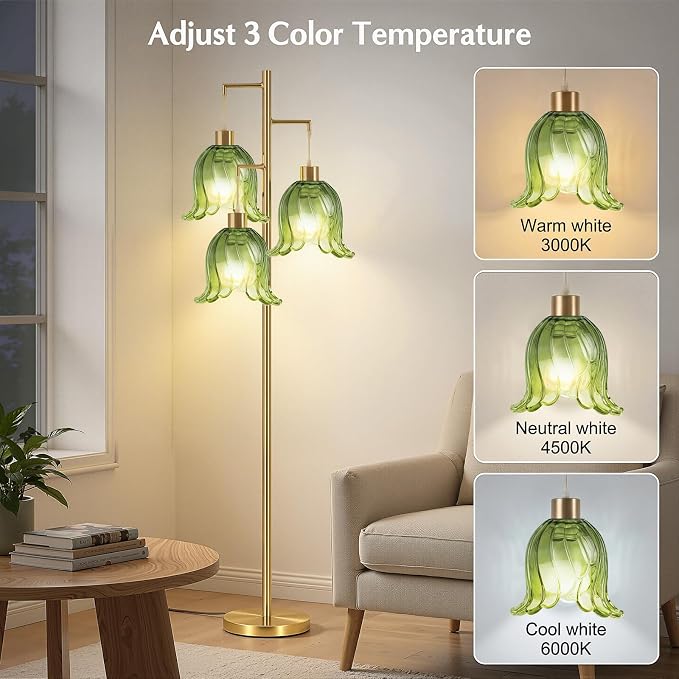 Gold Floor Lamp for Living Room,Bedroom,Tree 3 Light Standing Lamp Mid Century Modern Tall Floor Lamps Vintage Retro Floor Lights Unique Glass Green Flower Lamp Shade Farmhouse Boho Bohemian