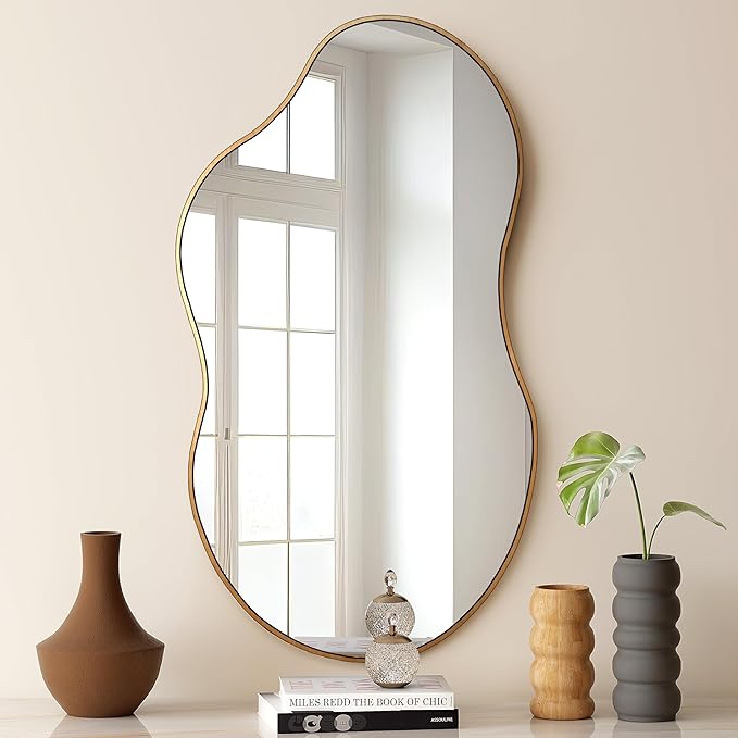 SHYFOY Large Irregular Wall Mirror Decorative, 22"x43" Antique-Gold Mirror for Wall Decor Wavy Accent Mirrors Asymmetrical for Living Room Bathroom Bedroom Entryway