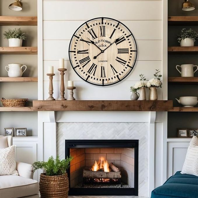 Rustic Farmhouse Wall Clock 24 Inch, Vintage Oldtown London Wooden Large Clock with Silent Tick, for Bedroom, Office, Kitchen, Indoor Home Decoration