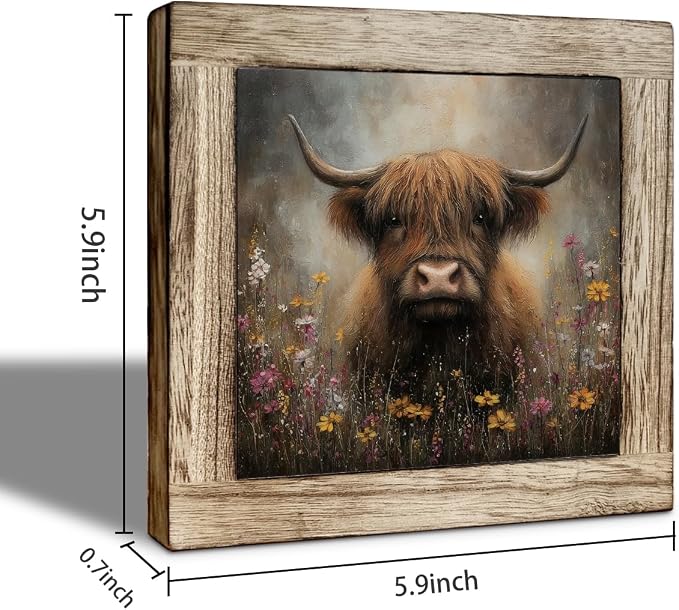 Highland Cow Wildflower Wooden Desktop Sign, Rustic Farmhouse Cow Wood Plaque Tabletop Decor, Country Floral Cattle Wooden Sign for Home Office Shelf