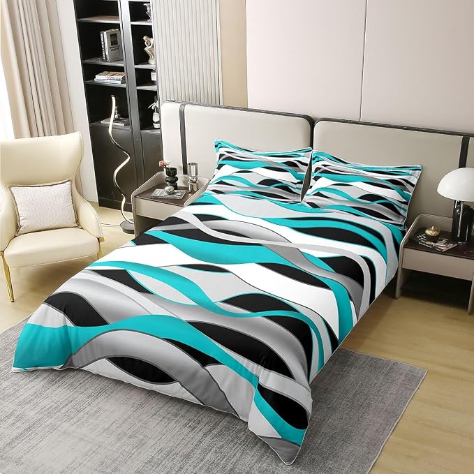 Erosebridal Teal Geometric Lines 100% Cotton Duvet Cover Queen Turquoise Striped Bedding Set for Kids Teens Adults Waves Aesthetics Stripes Comforter Cover Minimalist Art Bed Set 3 Pcs