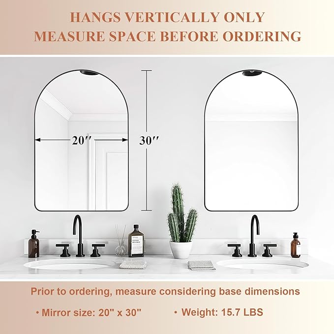 ANDY STAR Arched Mirror, 20 x 30 Inch Black Bathroom Mirror in Stainless Steel Metal Frame, Arch Top Rounded Corner 1 Inch Deep Set Design Wall Mount Hangs Vertical
