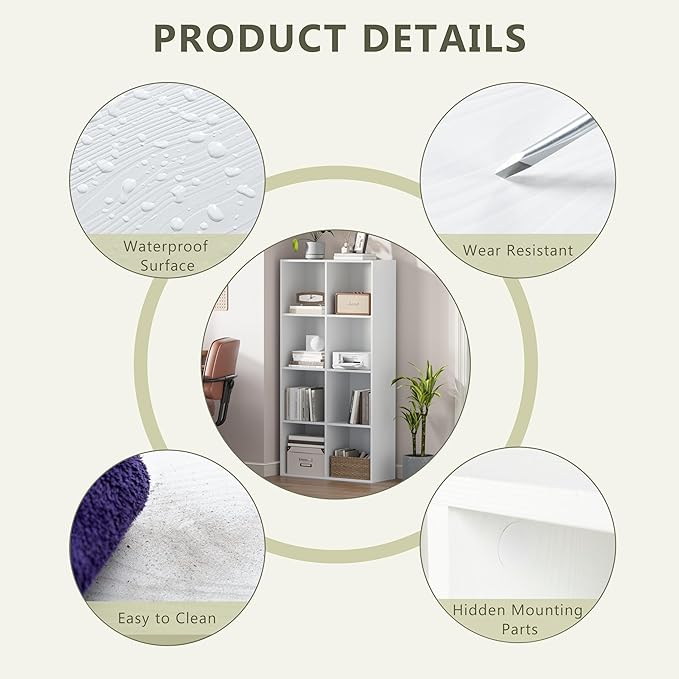 Wooden Storage Organizer with Closed Back Panel, 11in Cube Shelf Opening, Bookshelf, Display Shelf,Closet Cabinet for Home and Office (Embossed White, 8-Cube 47.8L*9.45W*24.09H)