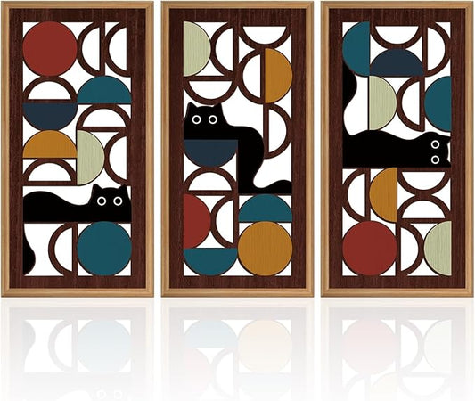 IARTTOP 3Pcs Boho Black Cat Wall Decor Framed Abstract Geometric Wood Wall Art Mid Century Modern Artwork Geometric Cat Hanging Decor for Living Room Bedroom Office Lovely Cat Gifts 8 x16 Inch