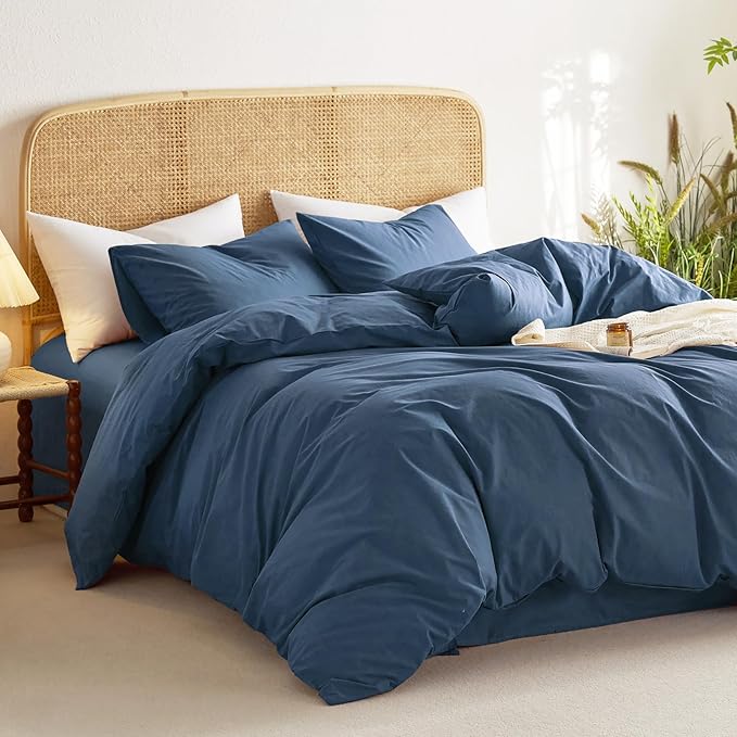 Wake In Cloud - Cotton Duvet Cover Set, 100% Washed Cotton, Linen Like Textured, Breathable Durable Comfy Farmhouse Neutral Bedding Set, 3 Pieces, Navy Blue, Queen Size