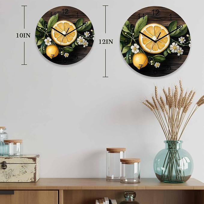 Lemon Flowers Wall Clock Battery Operated Non-Ticking 10" Round Wood Clocks, Vintage Style Kitchen Wall Clock for School Bathroom Living Room Home Office Wall Decor