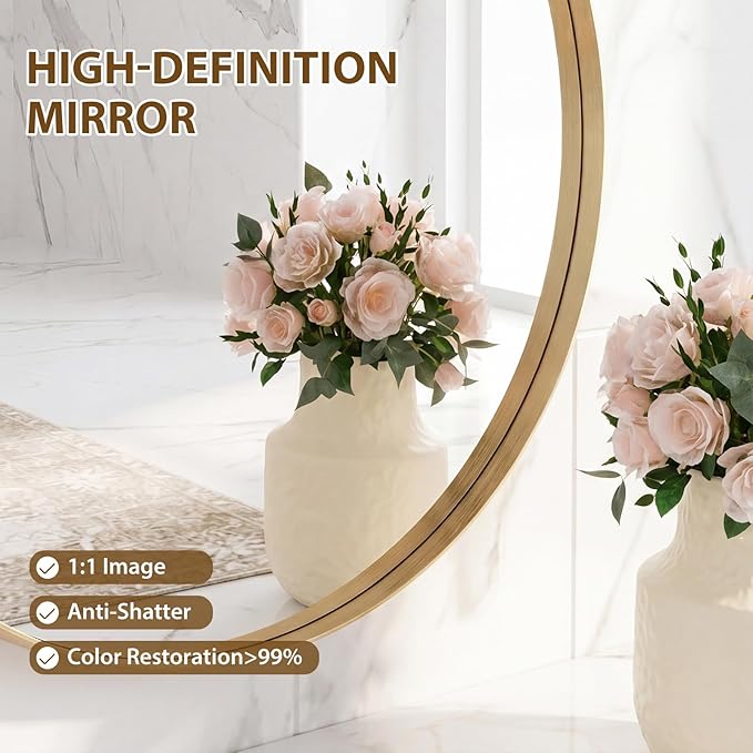 Sweetcrispy Bathroom Round Mirrors for Over Sink, 24 Inch Wall Circle Mirror with Matte Metal Frame, Modern Wall Mount Vanity Mirror for Home Decor, Living Room, Bedroom, Gold