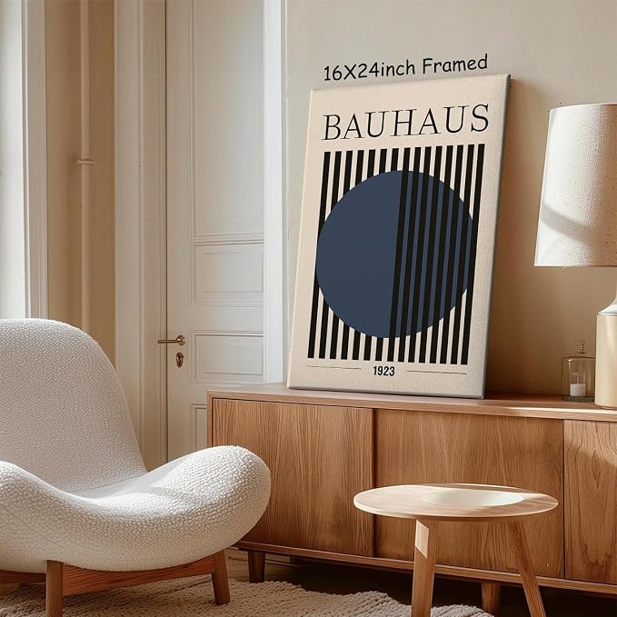 Bauhaus Abstract Geometric Wall Art Bauhaus Exhibition Poster Blue Geometric Pictures Abstract Minimalist Painting Mid-Century Modern Artwork Retro Minimalist Poster Blue Beige Prints 16x24in Framed