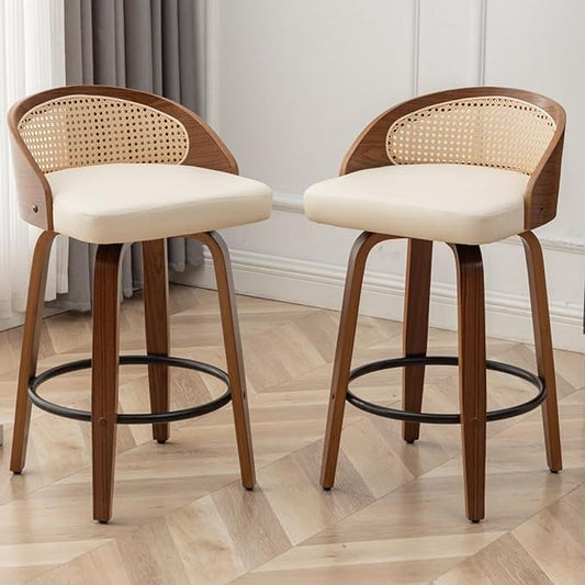 26" Swivel Rattan Bar Stools Set of 2,Mid-Century Modern Beige Faux Leather Upholstered Counter Height Stools,Kitchen Island Barstool with Rattan Low Backrest,Walnut Wood Finish Bar Chairs