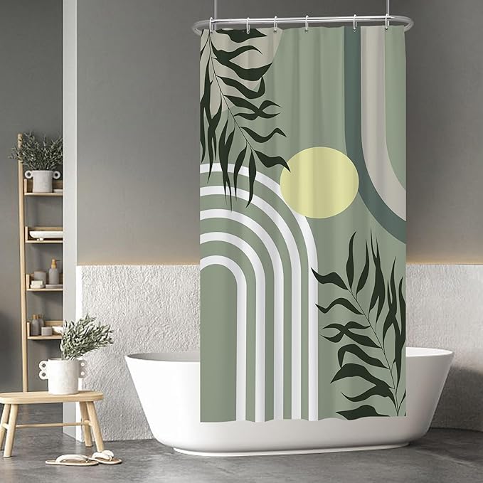 Baocicoo Green Minimalism Boho Shower Curtain Mid Century Abstract Sun Shower Curtain for Bathroom Modern Hostel Hotel Durable Polyester Waterproof Curtain for Bathroom with Hooks 36x72 Inches