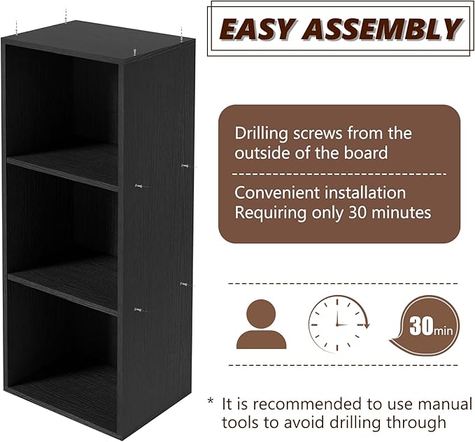 Wooden 3 Cube Storage Organizer, 3 Tier Storage Cubes Storage Display Cubby,Freestanding DIY Closet Shelving Unit for Living Room Bedroom Office(Black, 3 Cube-W(11.8inch)