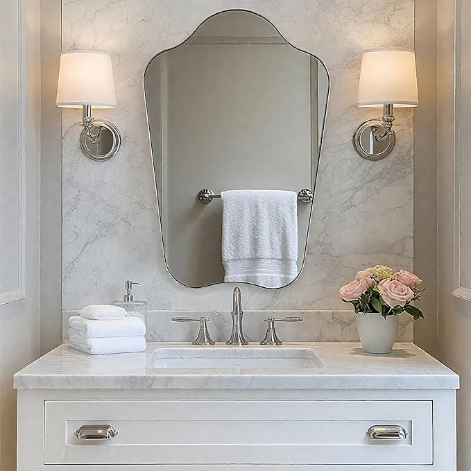 ANDY STAR Brushed Nickel Bathroom Mirror, 24x36 Scalloped Wall Mirror for Vanity, Asymmetrical Shaped Mirror for Entryway, Bedroom, Anti-Rust Stainless Steel Frame